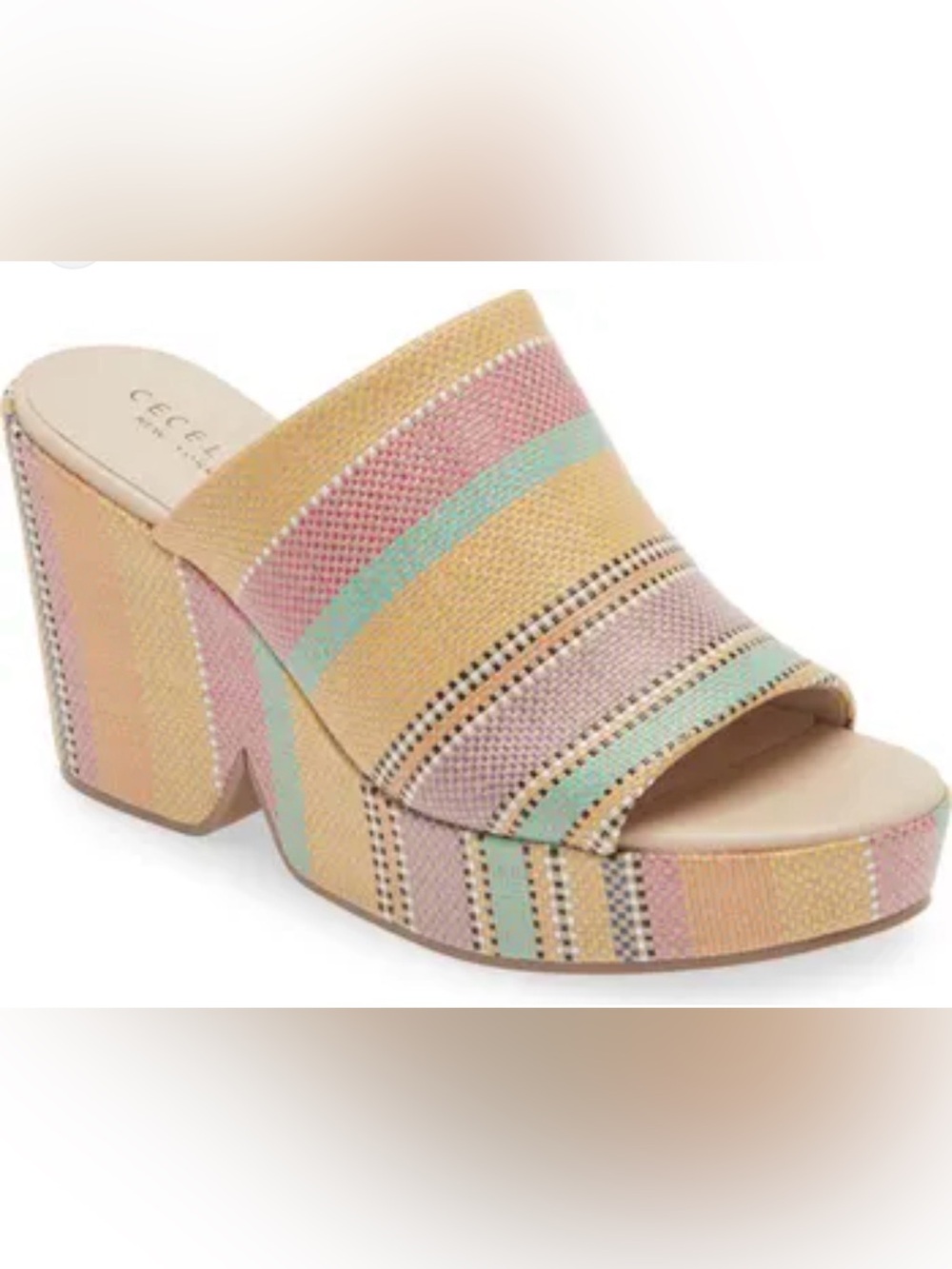 Cecelia New York Frost Wedge Slide Sandals in a beige multi raffia fabric